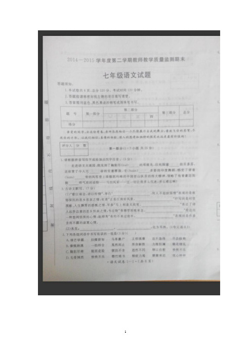河北省保定市蠡县2014-2015学年七年级下学期期末考试 语文试题(图片版)及答案