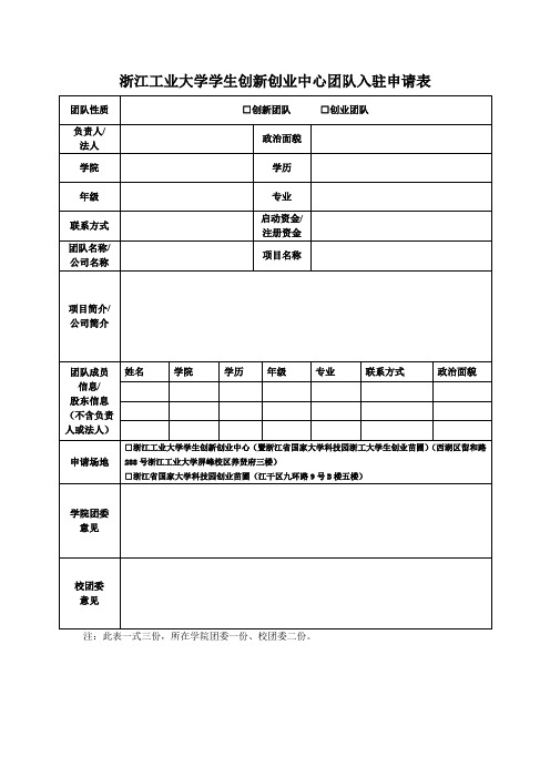 浙江工业大学学生创新创业中心团队入驻申请表