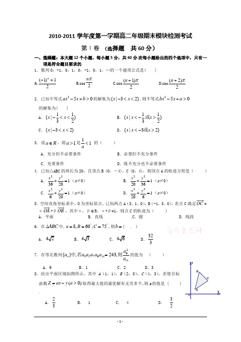 人教版2010-2011学年高二上学期期末考试(数学理)