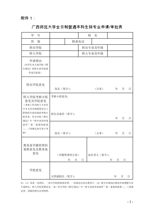 广西师范大学全日制普通本科生转专业申请审批表