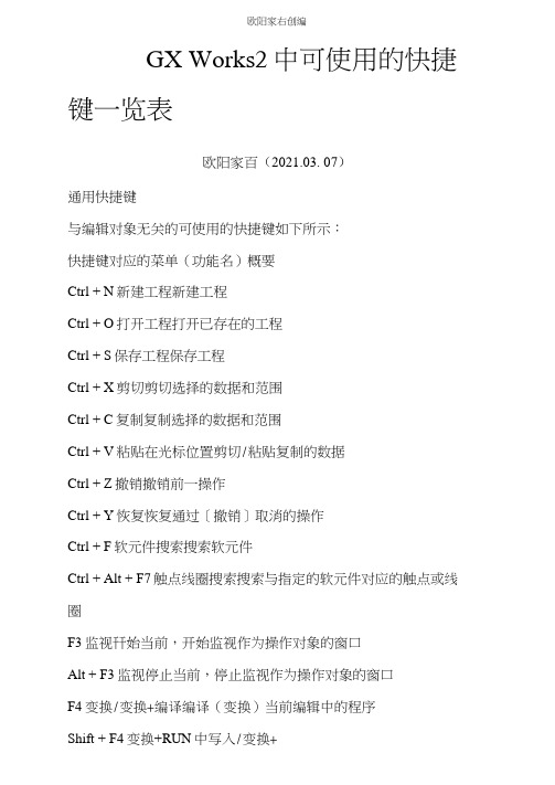 GXWorks2快捷键大全之欧阳家百创编