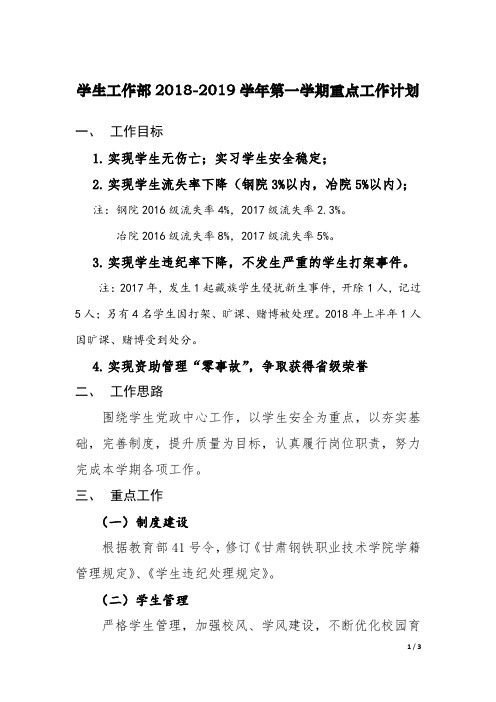 学生工作部 2018-2019 学年第一学期重点工作计划