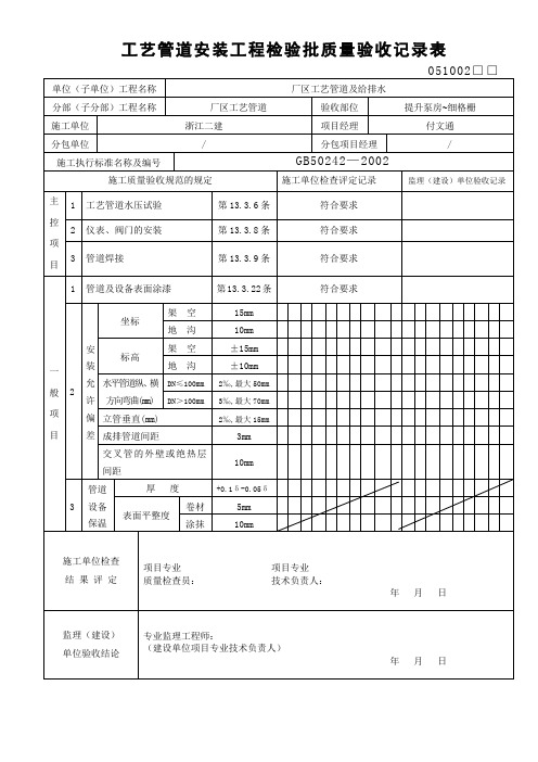 工艺管道安装工程检验批质量验收记录表