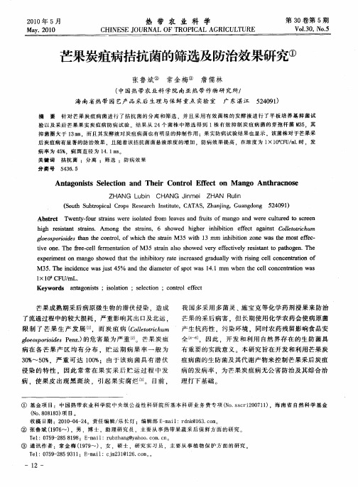芒果炭疽病拮抗菌的筛选及防治效果研究