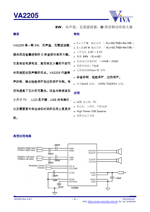 3W D 类 立体声音频功放
