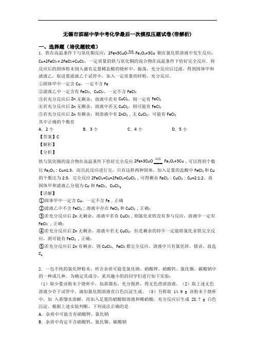 无锡市滨湖中学中考化学最后一次模拟压题试卷(带解析)