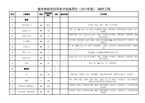 地铁(城市)项目劳务分包指导价(2012年版)
