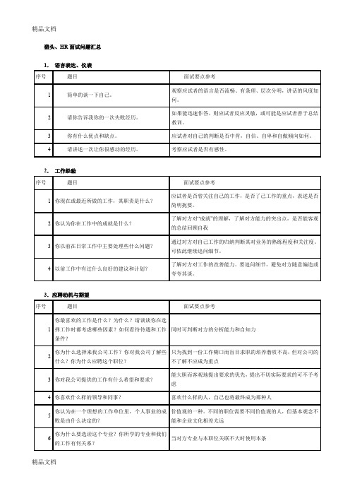 最新HR面试问题汇总(表格)资料