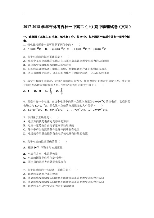 吉林省吉林一中2017-2018学年高二上学期期中考试物理试题(文科) Word版含解析