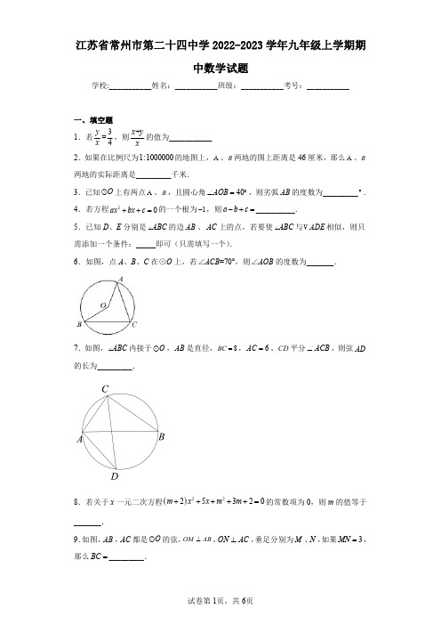 江苏省常州市第二十四中学2022-2023学年九年级上学期期中数学试题