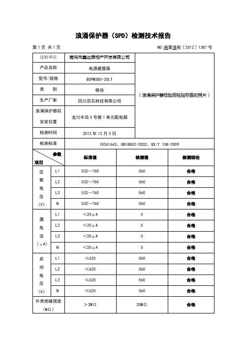 浪涌保护器(SPD)检测技术报告编制样本