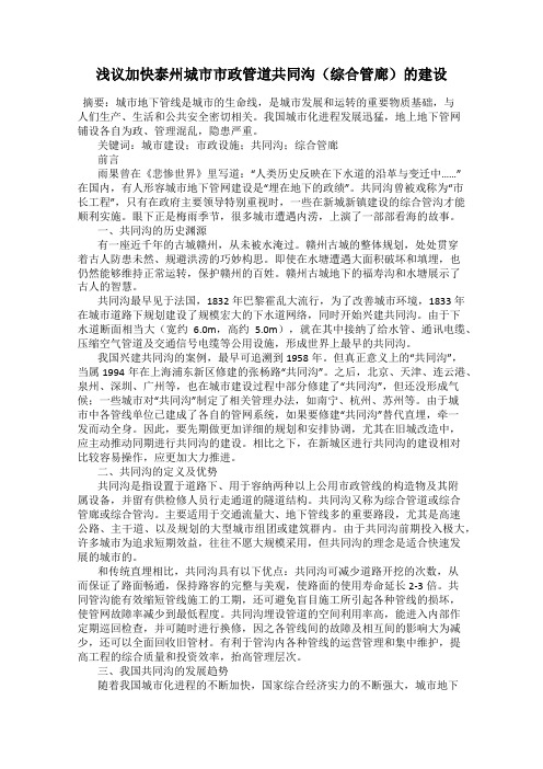 浅议加快泰州城市市政管道共同沟(综合管廊)的建设