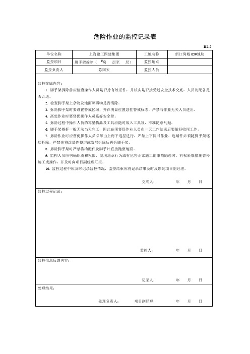 危险作业的监控记录表