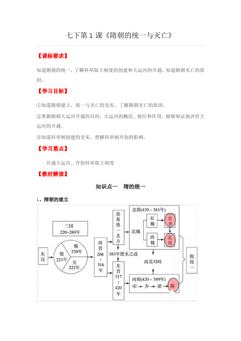 人教版七下历史 第一单元 第1课《隋朝的统一与灭亡》教案