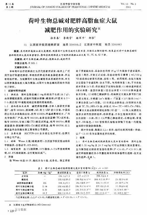 荷叶生物总碱对肥胖高脂血症大鼠减肥作用的实验研究