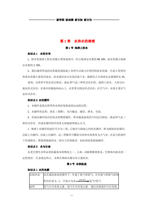 八年级科学上册 第1章 水和水的溶液复习知识点归纳 (新版)浙教版