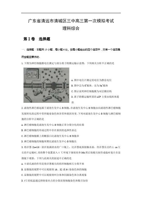 广东省清远市第三中学2017届高三下学期第一次模拟考试理科综合-生物部分试题 Word版含答案