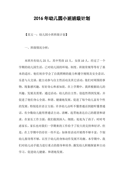 2016年幼儿园小班班级计划