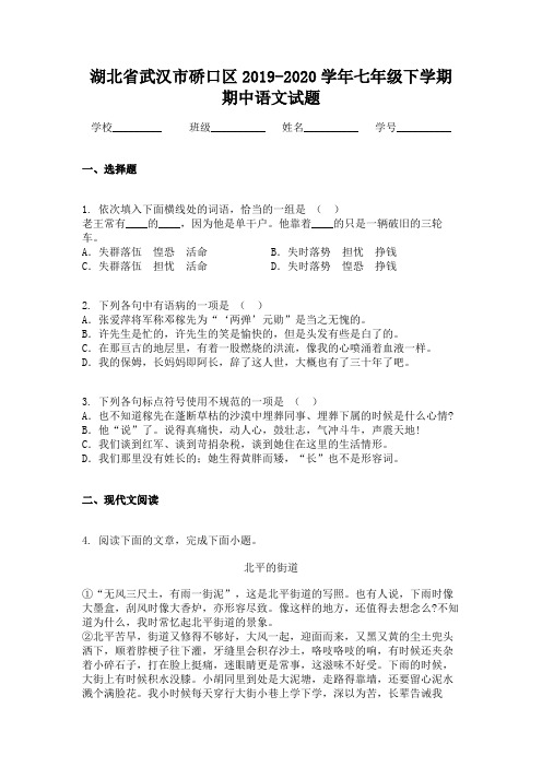 湖北省武汉市硚口区2019-2020学年七年级下学期期中语文试题