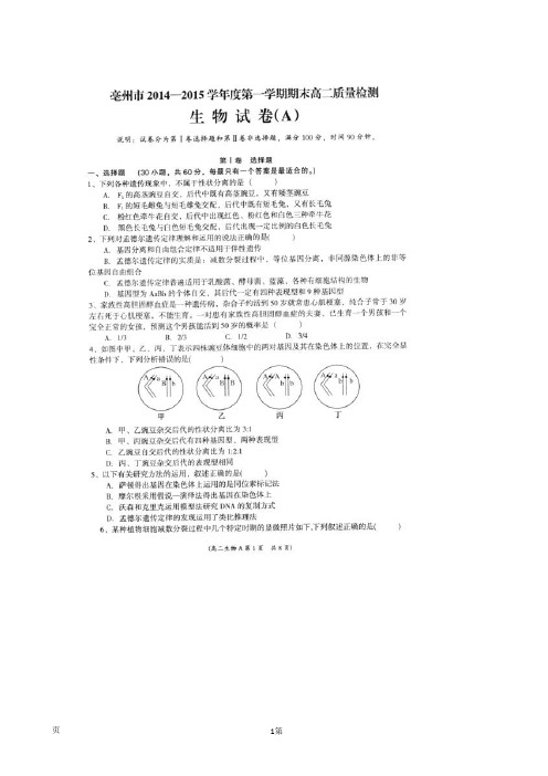 安徽省亳州市2014-2015学年高二上学期期末考试数学(文)试题(扫描版)
