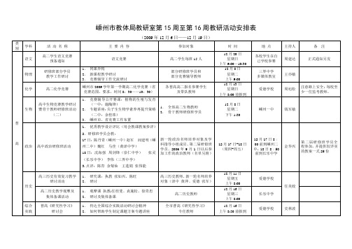 嵊州市教体局教研室第15周至第16周教研活动安排表