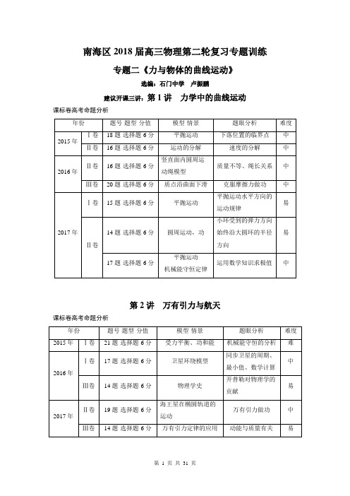 南海区2018届高三物理第二轮复习专题二《力与物体的曲线运动》