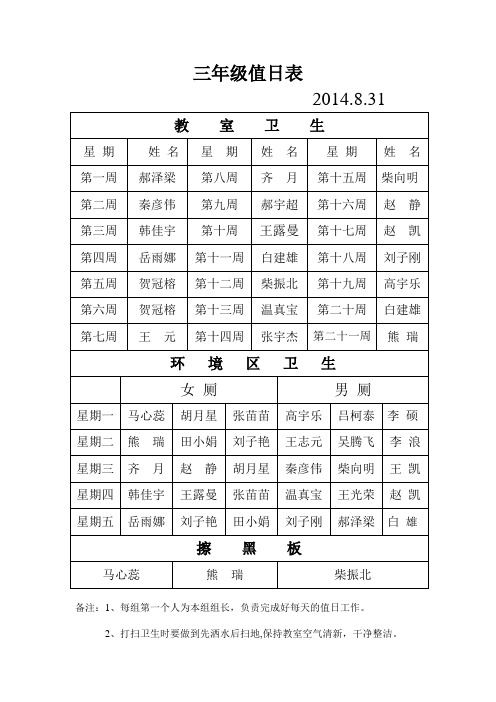 三年级值日表