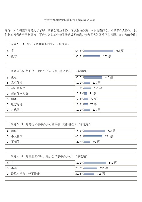 大学生寒暑假短期兼职打工情况调查问卷