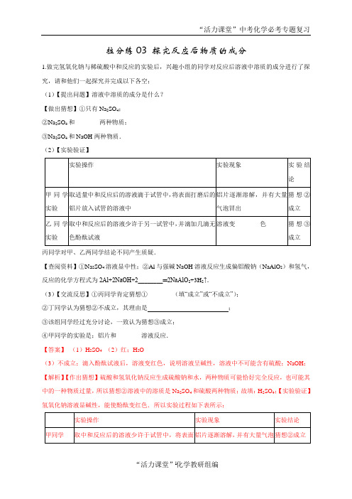 拉分练03 探究反应后物质的成分(教师版)-2021年中考化学拉分题专练—实验探究题