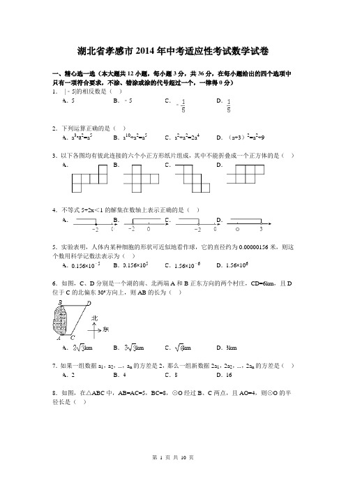 湖北省孝感市2014年中考适应性考试数学试卷(word版)