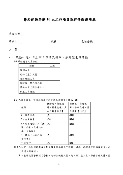 节约能源行动10大工作项目执行情形调查表