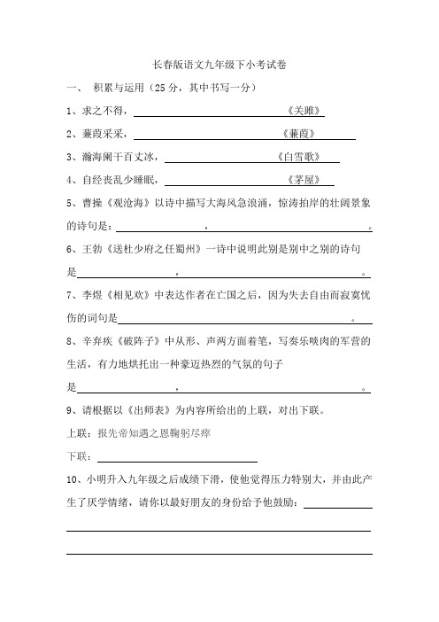 长春版语文九年级下小考试卷