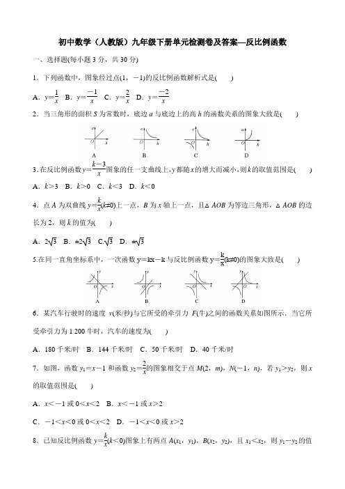 初中数学(人教版)九年级下册单元检测卷及答案—反比例函数