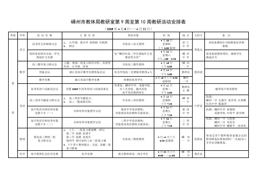 嵊州市教体局教研室第9周至第10周教研活动安排表