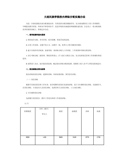 大连民族学院校内津贴分配实施办法
