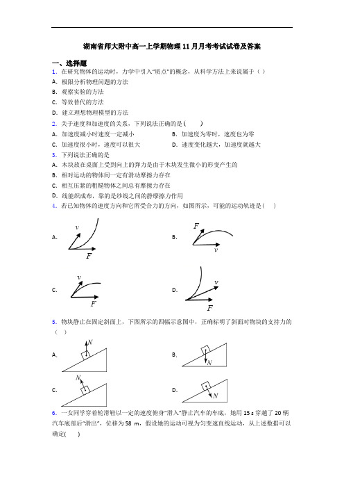 湖南省师大附中高一上学期物理11月月考考试试卷及答案