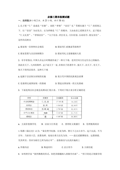 人教版历史必修3期末试题