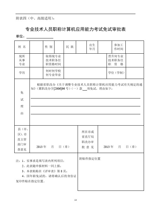 附表4 专业技术人员职称计算机应用能力考试免试审批表