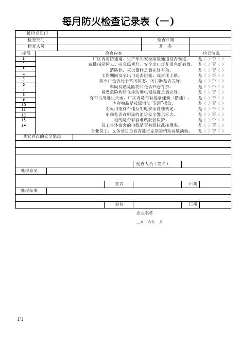 每月防火检查记录表(每月一次)