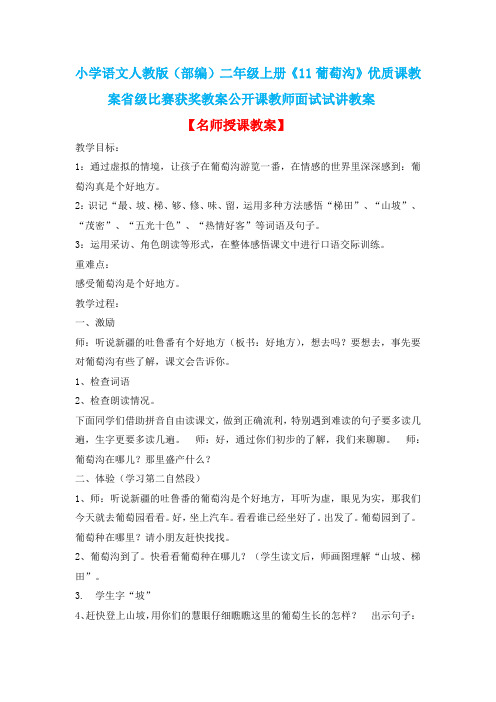 小学语文人教版(部编)二年级上册《11葡萄沟》优质课教案省级比赛获奖教案公开课教师面试试讲教案n010
