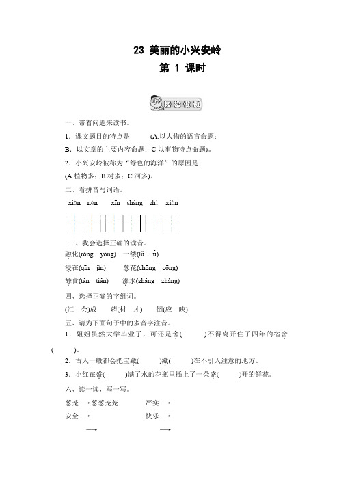 (审定版)人教版小学三年级语文上册 《美丽的小兴安岭》课时测评  第1课时(含答案)