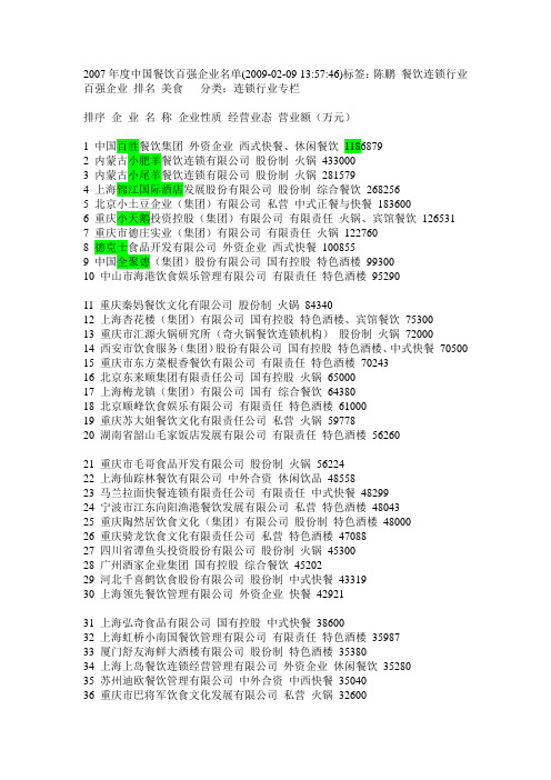 2007年度中国餐饮百强企业名单