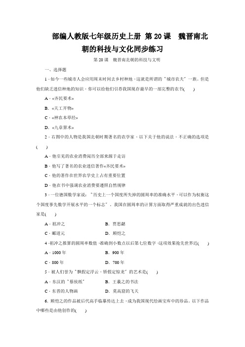 部编人教版七年级历史上册 第20课 魏晋南北朝的科技与文化同步练习