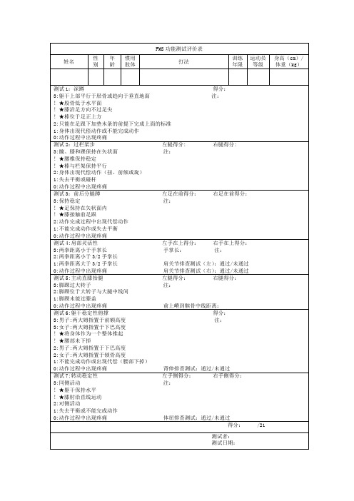 FMS功能测试评价表