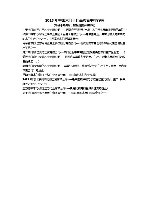 2015年中国木门十佳品牌名单排行榜