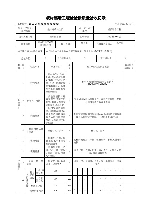 5.16.1板材隔墙工程检验批质量验收记录