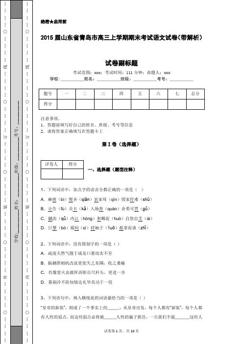 2015届山东省青岛市高三上学期期末考试语文试卷(带解析)