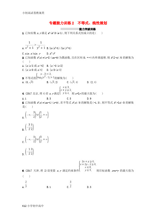 【配套K12】新课标2018届高考数学二轮复习专题一集合逻辑用语不等式向量复数算法推理专题能力训练2
