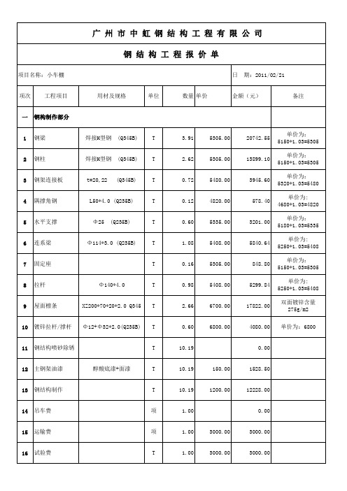 钢结构成本报价表