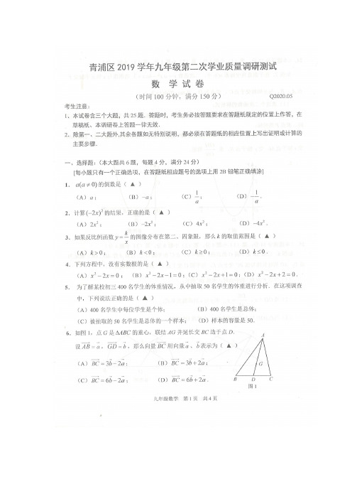 上海市青浦区2020年九年级数学第二次学业质量调研试卷(PDF版)